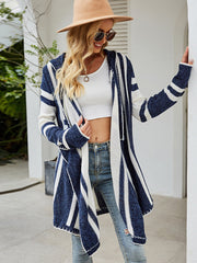 Striped Contrast Color Hooded Irregular Knit Sweater Outwear