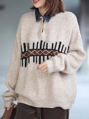 Women Loose Stitching Printed Casual Sweater