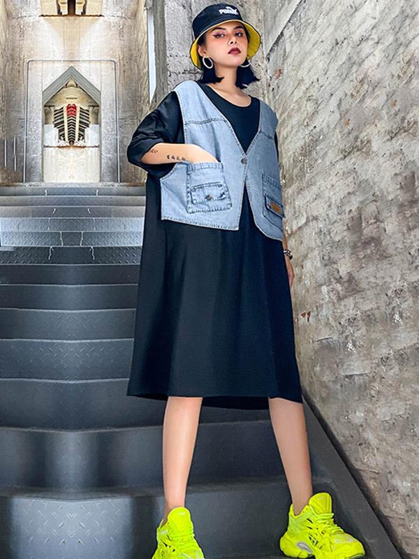 False Two Split-Joint Denim Dress