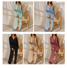 Casual Loose Solid Color V-Neck Long Sleeve Top & Pants Pajamas Set