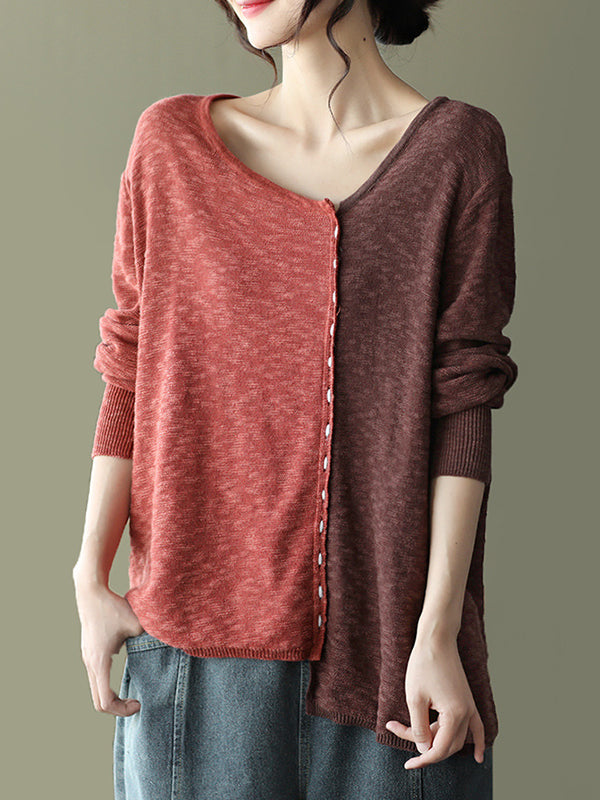 Retro And Loose Color Block Knitted Round Neck Top