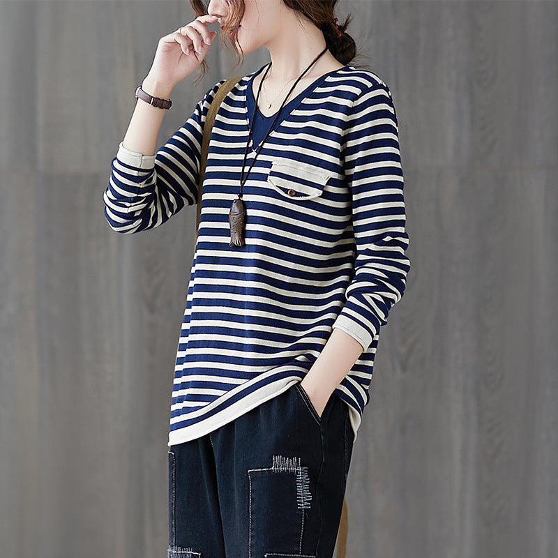 Women V-Neck Casual Striped Knitted Sweater