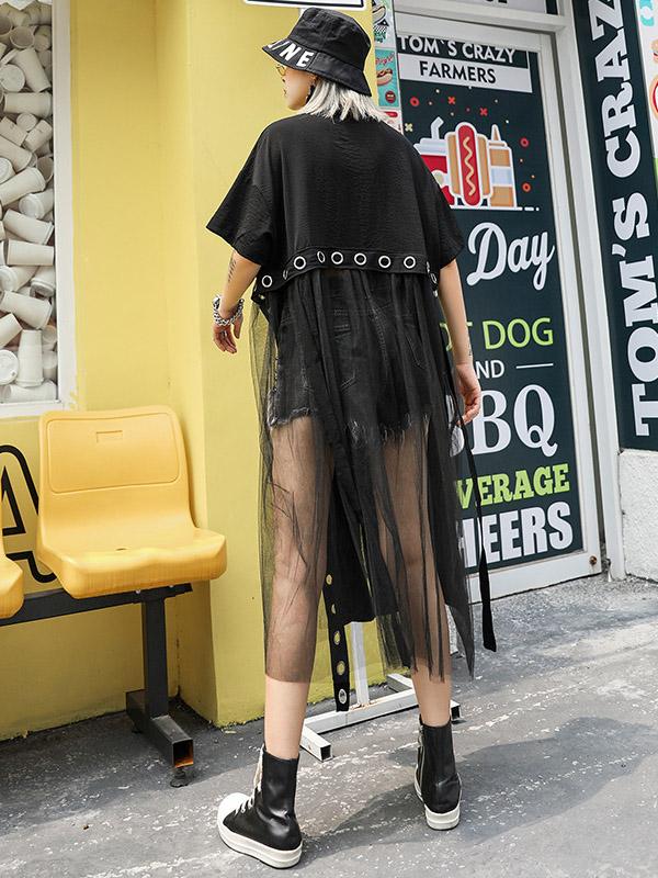 Loose Mesh Splicing Short Sleeve Shirt Dress