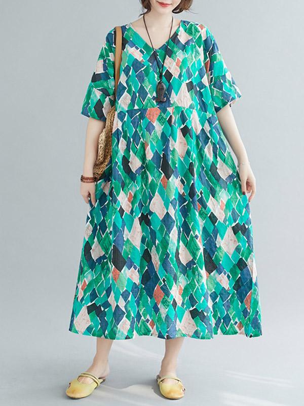 Loose Rhombus Print V-Neck Dress