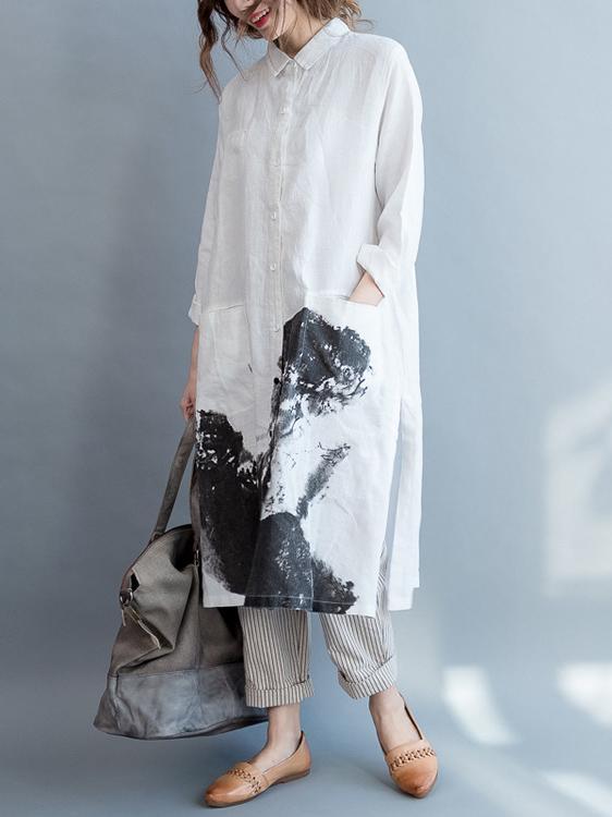 White Linen Lapel Loose Blouse Long Dress