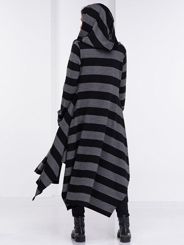 Women Striped Hooded Loose Casual Coat