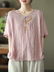 Vintage Embroidered Printed Round Neck Loose Pullover T-Shirt