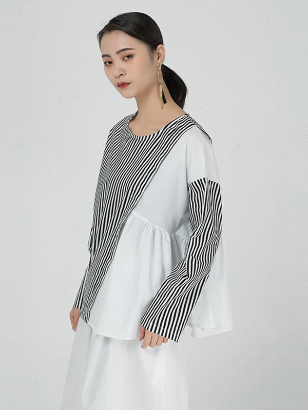 Contrast Color Stripe Cropped Pleated Splicing T-Shirt