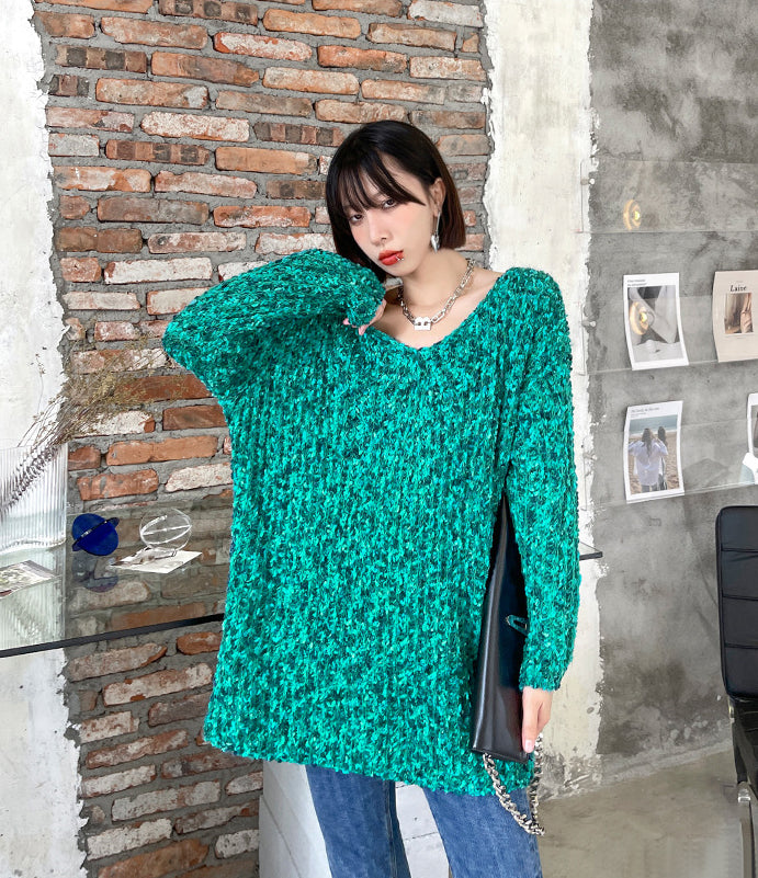 Loose V-Neck Long Sleeve Solid Color Knitted Sweater