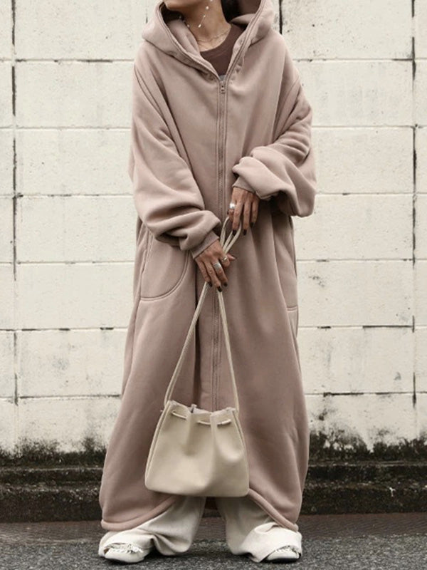 Urban Hooded Solid Color Zipper Batwing Sleeve Long Outerwear