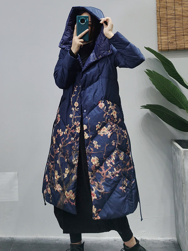 Casual Versatile Floral Print Hooded Coat