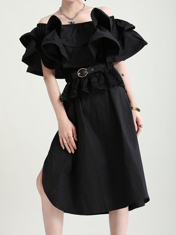 Double Layer Ruffled Off Shoulder Split Dress