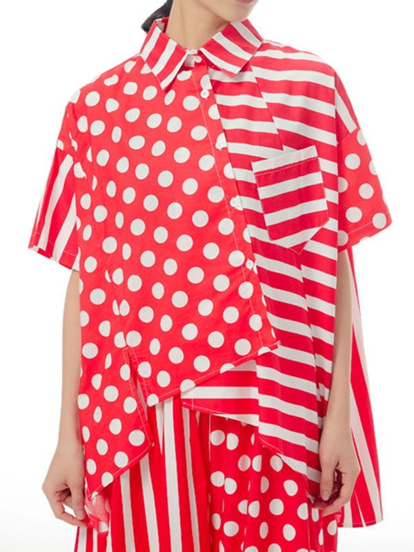 Irregular Clipping Roomy Polka-Dot Split-Joint Striped Lapel Shirts Tops