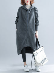 Casual Loose High-Low Solid Color Zipper Hooded Outerwear