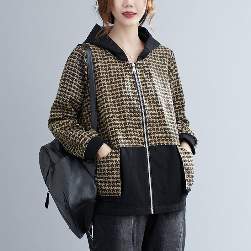 Hooded Plaid Zipper Coat