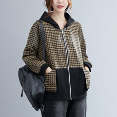 Hooded Plaid Zipper Coat