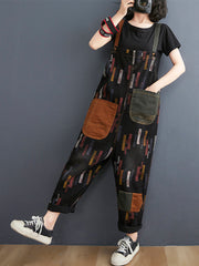 Retro Print Loose Big Pocket SuspendersCcasual Pants