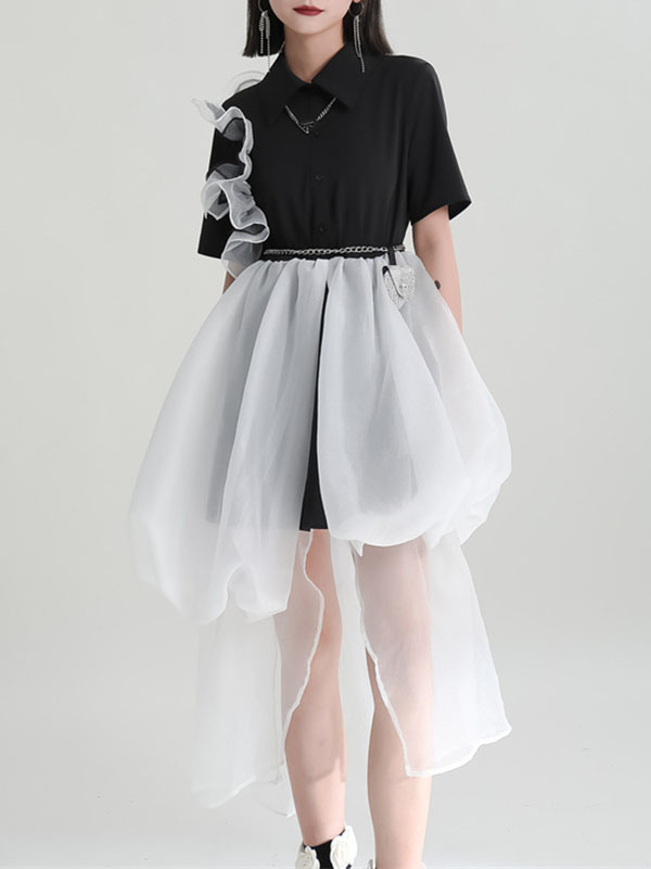 False Two High-Low Gauze Split-Joint Lapel Midi Dresses