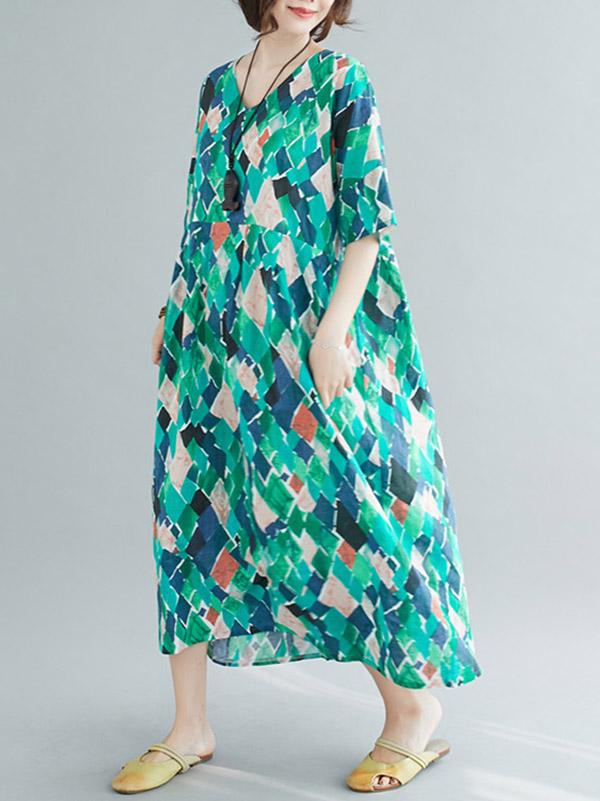 Loose Rhombus Print V-Neck Dress