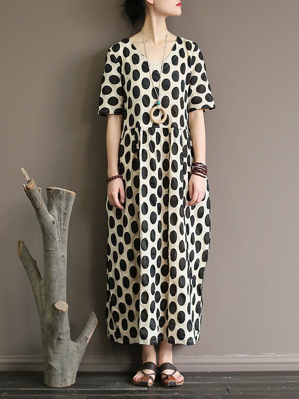 Loose Polka Dot Printed V-neck Long Dress