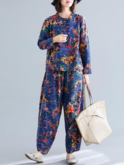 Loose Retro Floral Printed Blouses and Pants Suits