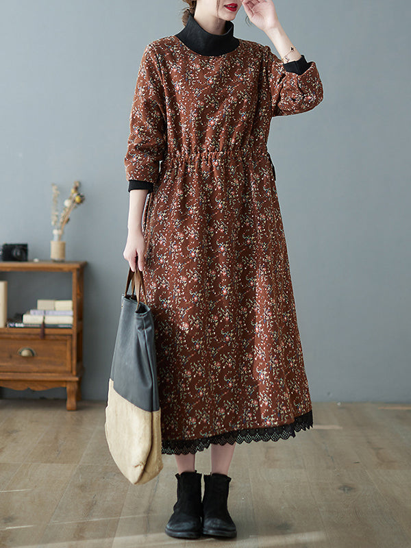 Patchwork Collar Floral Lace-Up Long Midi Dress