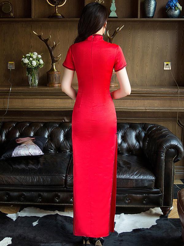 Red Embroidered Long Cheongsam Dress