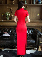 Red Embroidered Long Cheongsam Dress