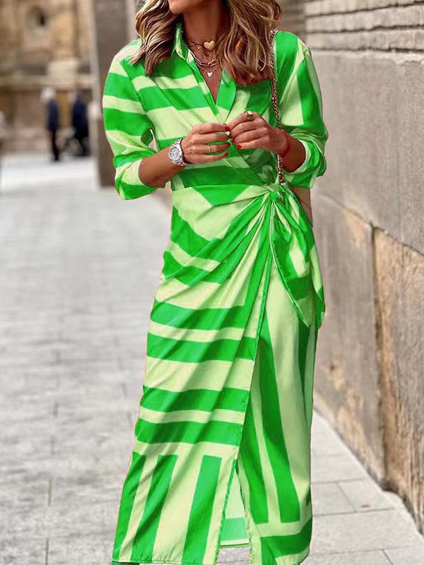 High Waisted Long Sleeves Asymmetric Knot Printed Striped Lapel Maxi Dresses