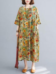 Artistic Retro Floral Round-Neck Dress