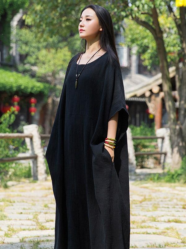 Loose Solid Batwing Sleeves Round-Neck Midi Dress