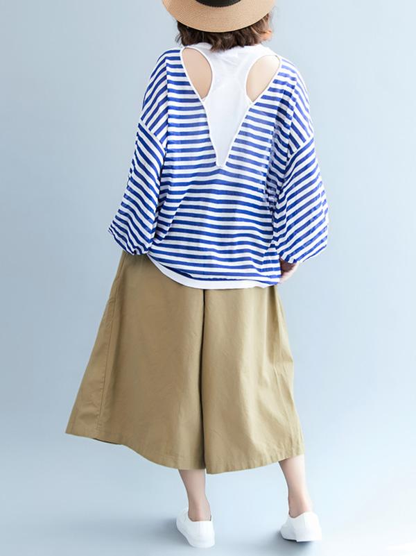 I -shaped Back Knitting Striped Casual Tops