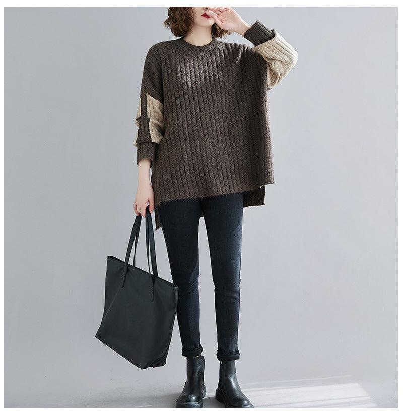 Color-Block  Round-Neck Knitting Sweater