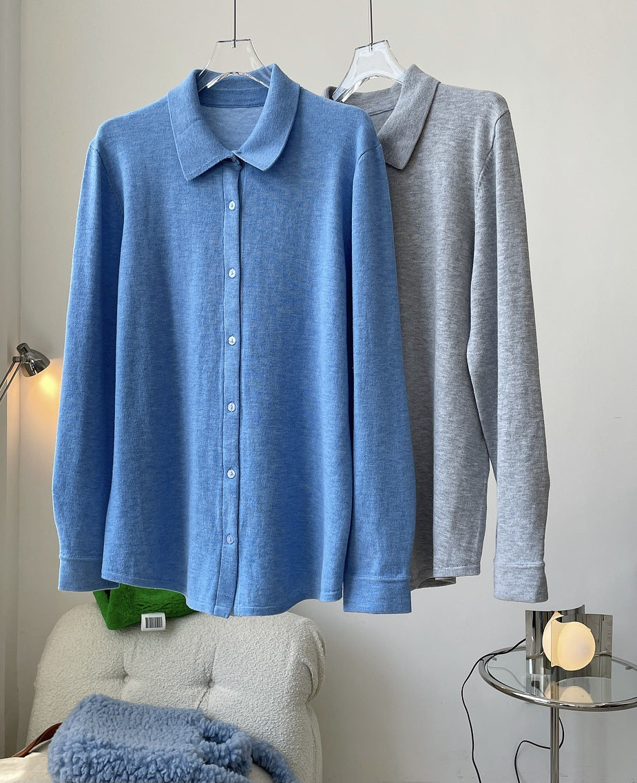 Solid Color Lapel Knit Loose Shirt