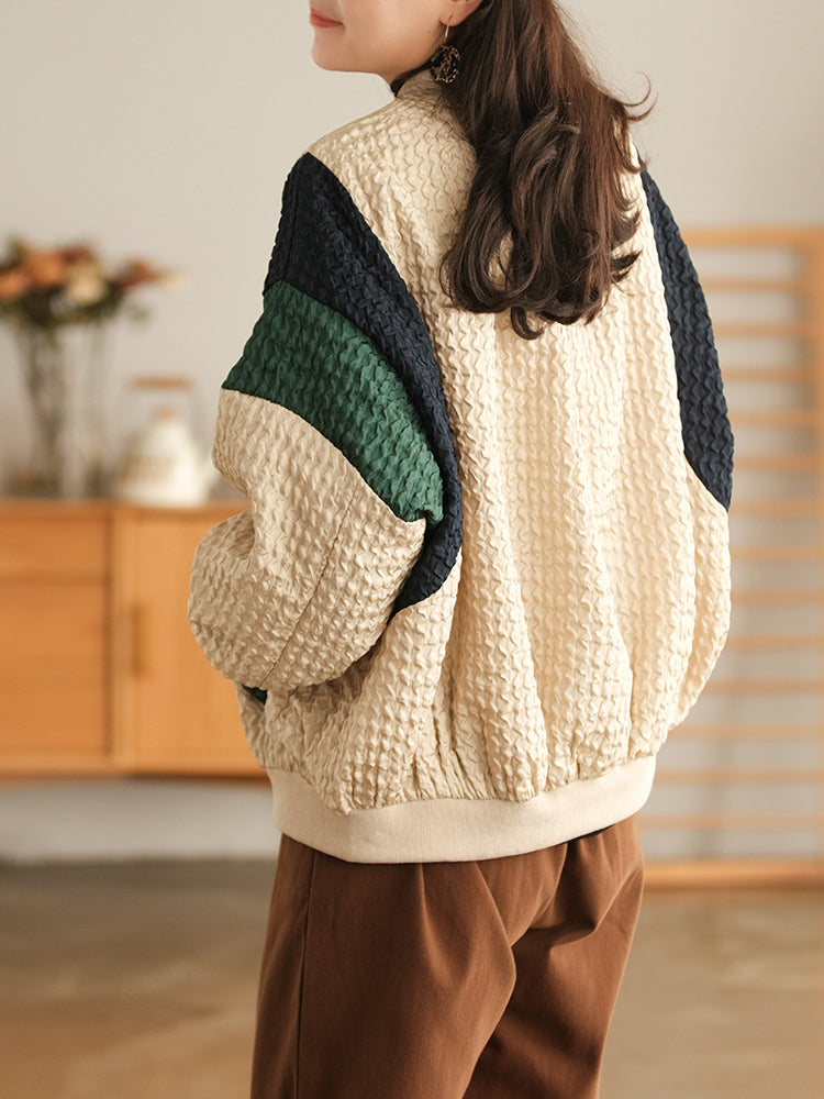 Retro Pleated Contrast Color Zipper Comfortable Sweater Coat