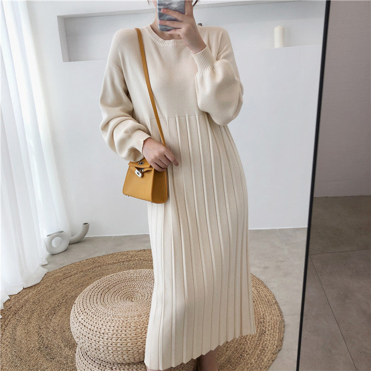 Casual Solid Color Round-Neck Knitted Midi Dress
