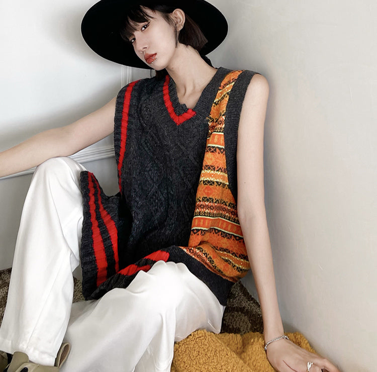 Irregular Contrast Color V-Neck Design Knitted Vest