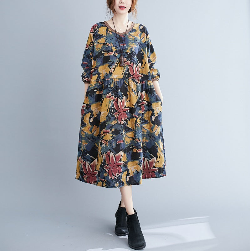 Vintage V-Neck  Long Sleeves Midi Dress