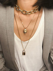 Vintage Chain Choker Layered Lock Pendant Necklaces