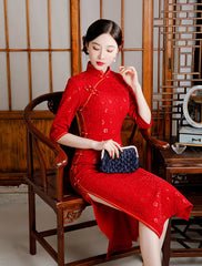 Vintage Lace Slash Standing Collar Cheongsam Maxi Dress