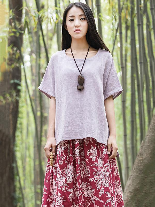 White&Purple High-low Short Sleeves Ramie Cotton T-shirt