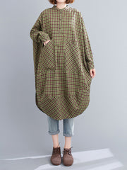 Retro Large Pocket Plaid Midi Dress