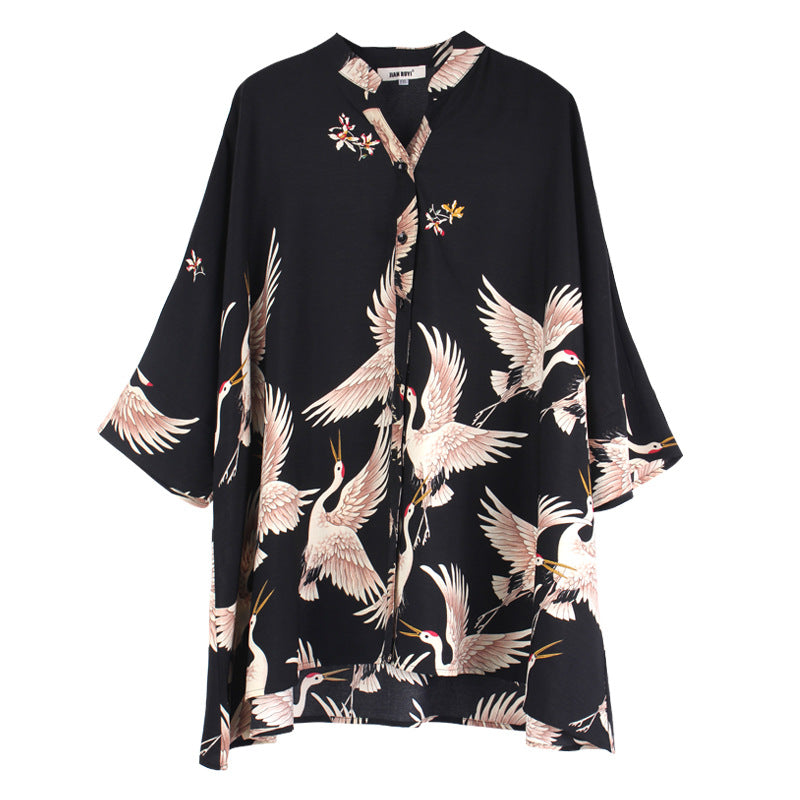 Crane Print Loose Oversized Shirt