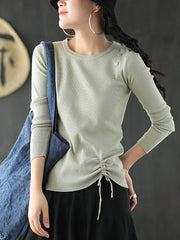 Women Round Neck Pullover Lace Up Sweater