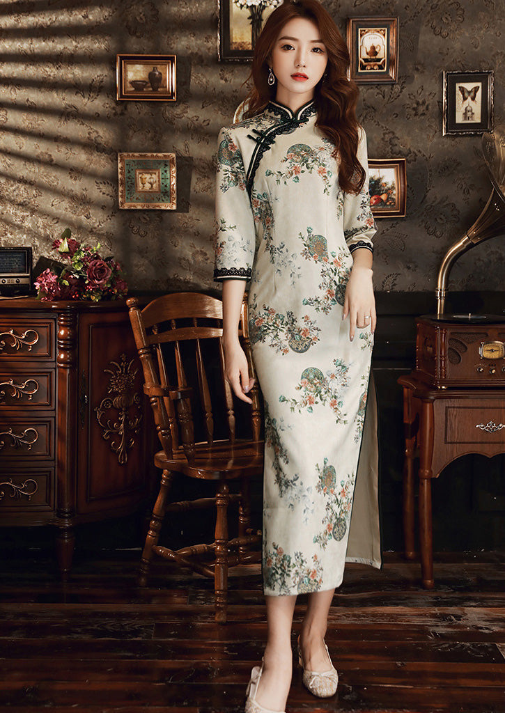 Stand-Up Neckline, High Slit, Seven-Part Sleeve Lace Cheongsam Maxi Dress