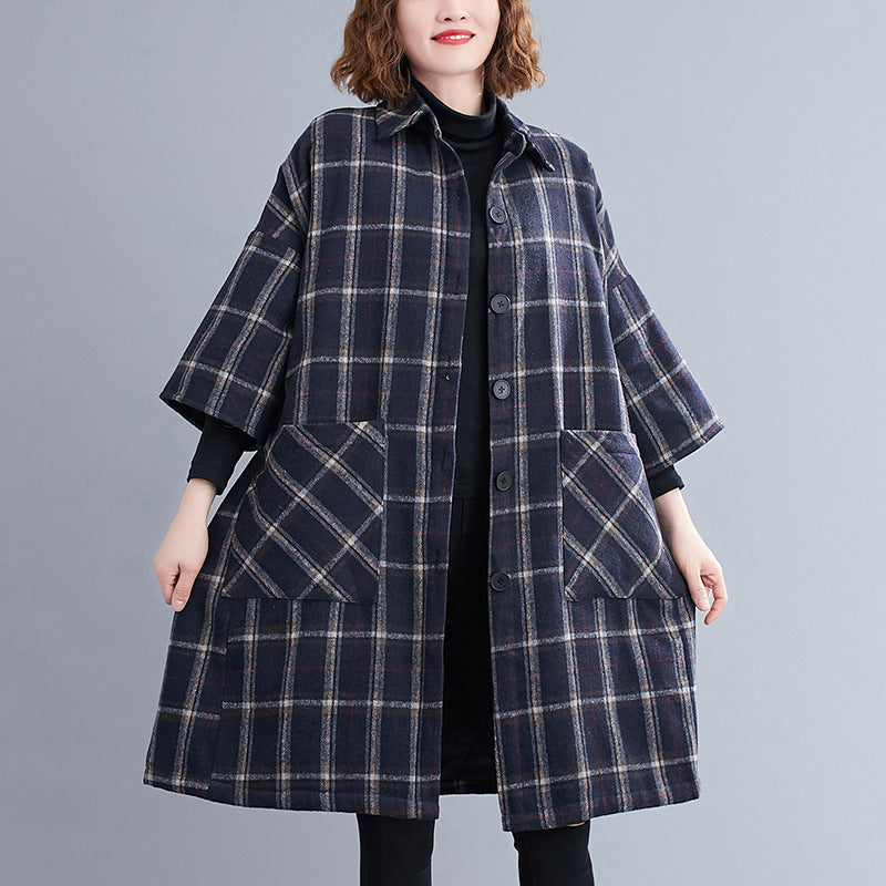 Women Retro Plaid Lapel Coat