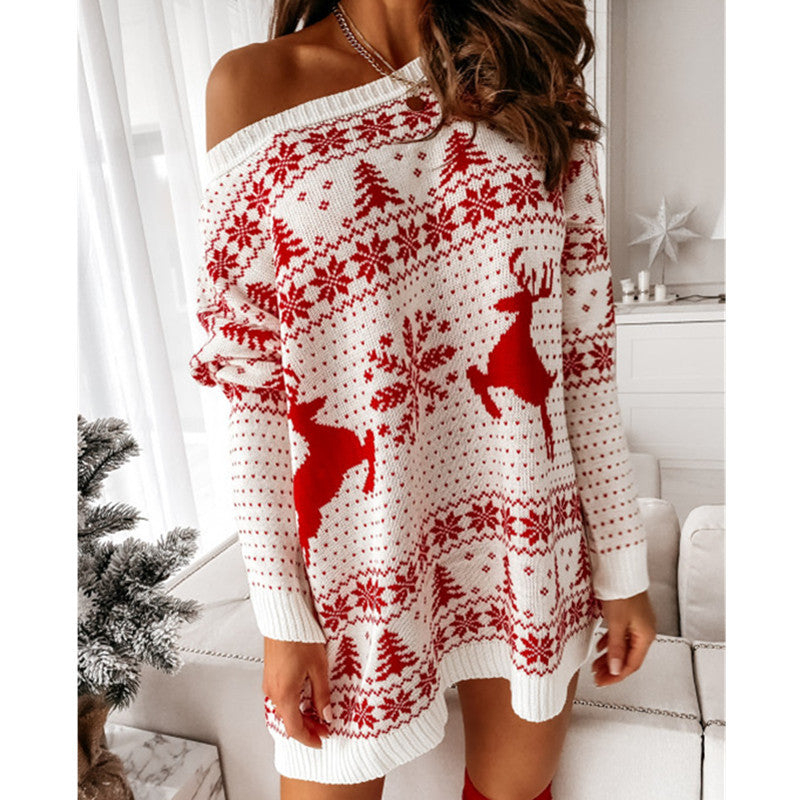 Christmas Jacquard Loose Knitted Long Sleeve Mini Dress