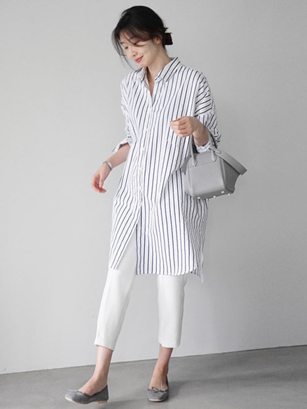 Urban Loose Solid Color Striped Lapel Blouse Top