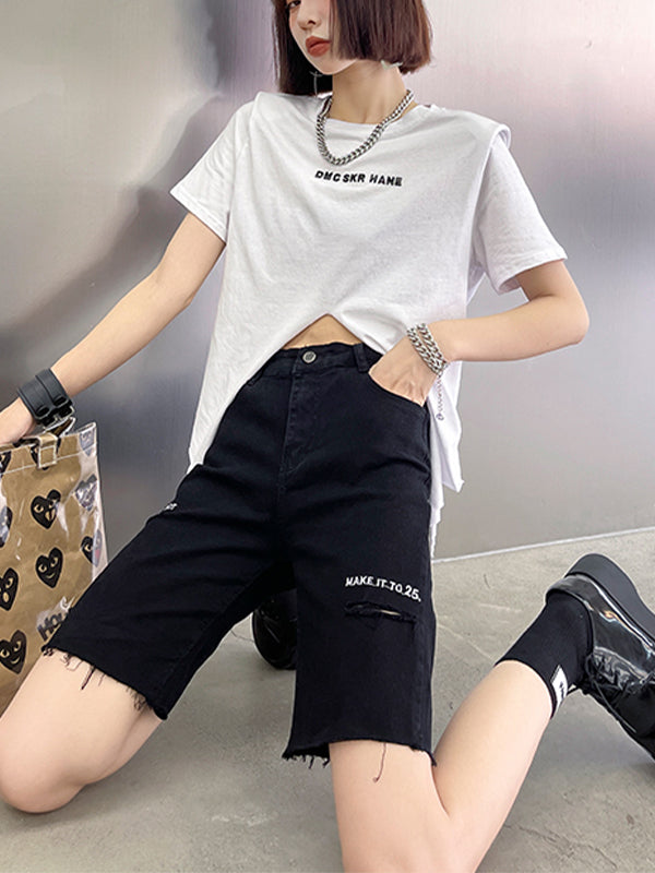 Straight High Waist Slim Letter Embroidered Hole Shorts