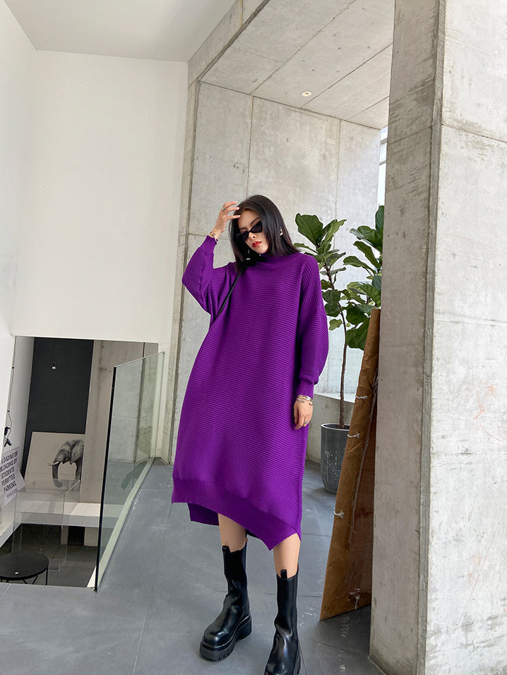 Long Sleeve Loose Sweater Dress With Irregular Splits